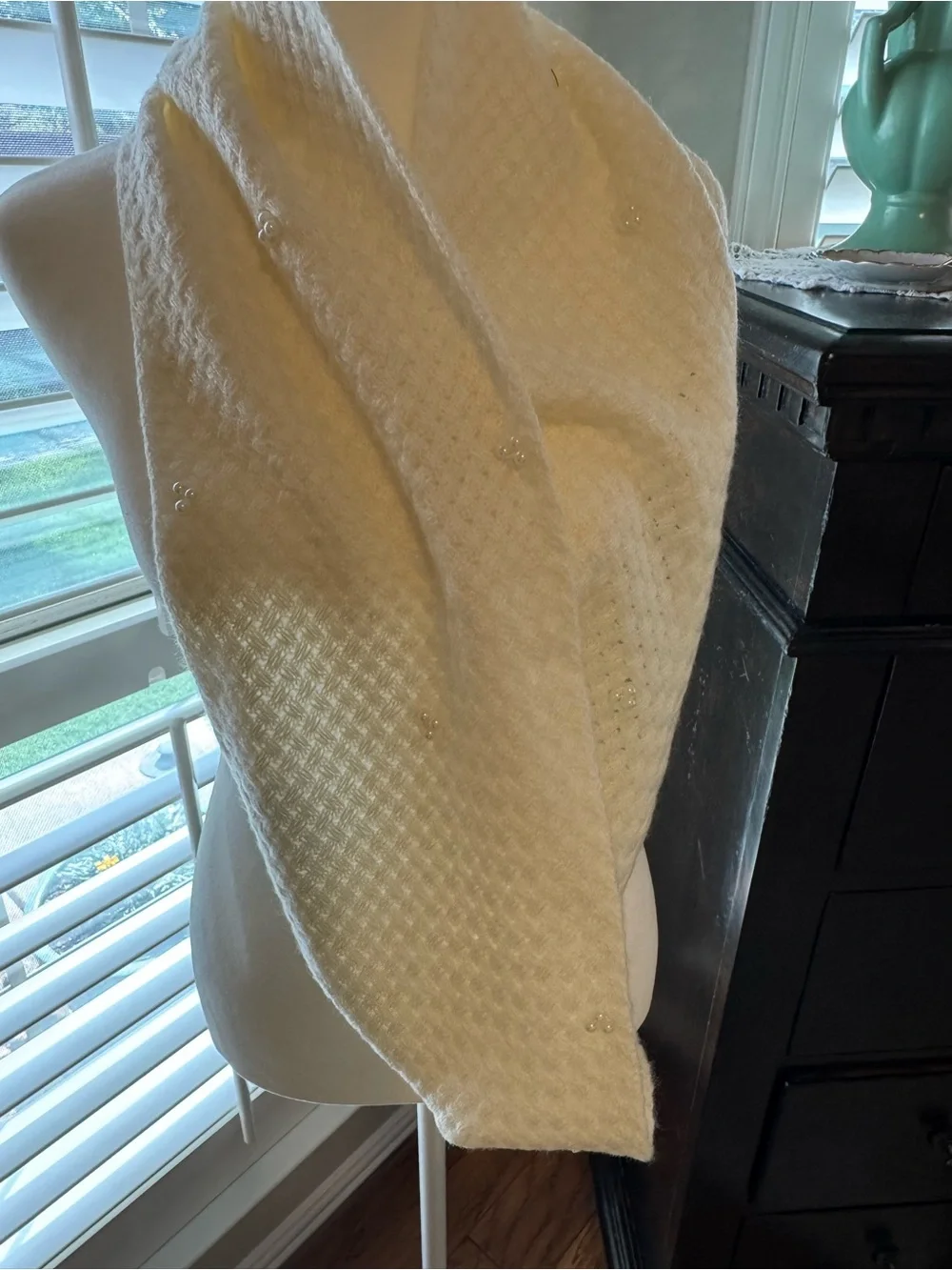 Cream Textured Knit Scarf with Subtle Bead Accents